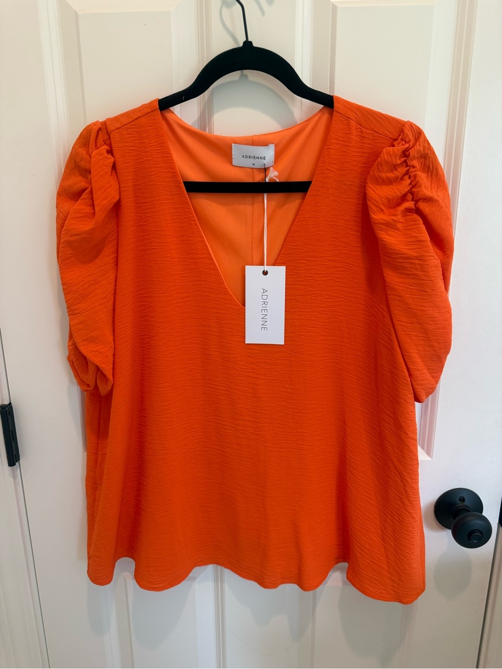 Adrienne Bright Orange V-Neck Puff Sleeve Blouse